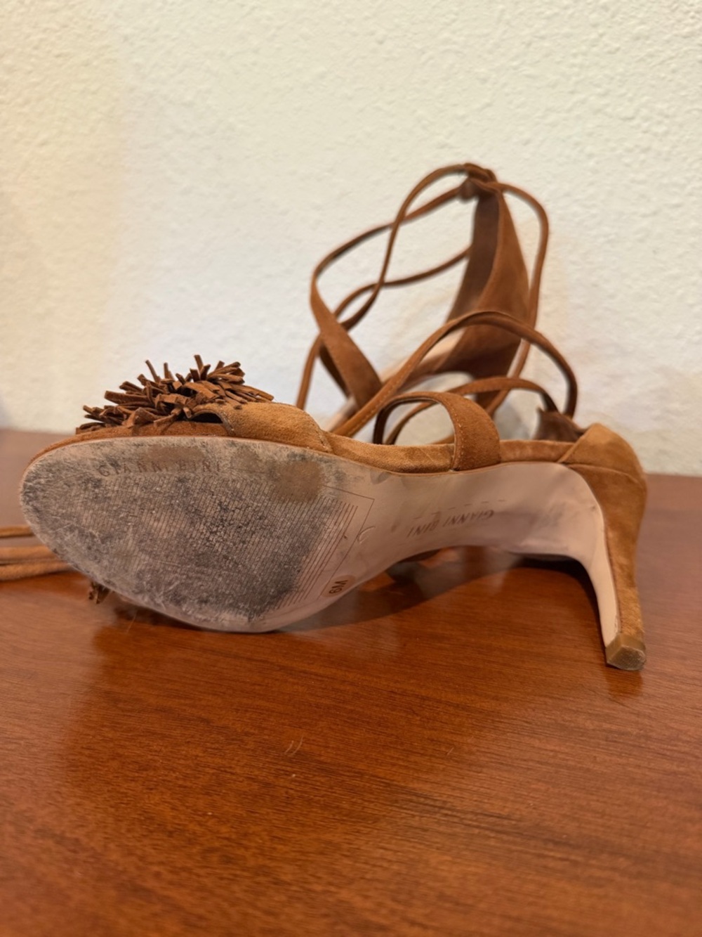 Gianni Bini Tan Suede Lace-Up Pom Pom Heels - Picture 4 of 5